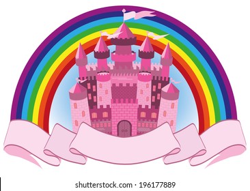 Fairy Tale pink magic castle and rainbow, vector illustration