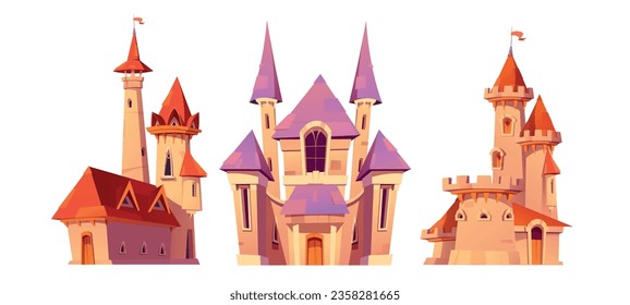 Fairy tale pink princess castle cartoon vector set. Magic fairytale kingdom world tower for fantasy child story. Medieval royal mansion architecture png clipart icons isolated on white background