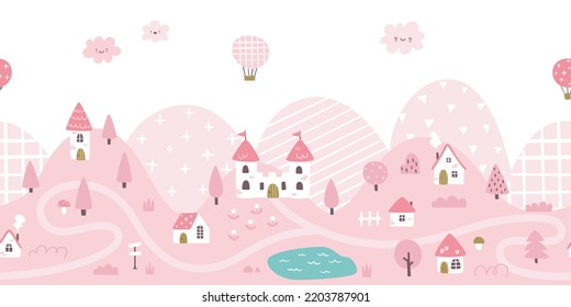 Fairy tale pink seamless bottom border. Village landscape print for nursery wall art.