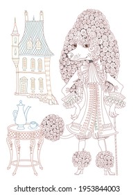 Fairy tale poodle dog character dressed in a vintage costume with coffee crockery. Linear colorful contour doodle sketch. Anti stress adults and children coloring book page 