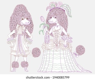 Fairy tale poodle dog characters dressed in a vintage costume. Linear colorful contour doodle sketch. Anti stress adults and children coloring book page 