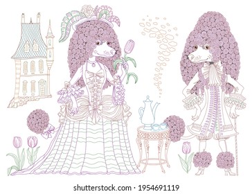 Fairy tale poodle dog characters dressed in a vintage costume with coffee crockery. Linear colorful contour doodle sketch. Anti stress adults and children coloring book page 