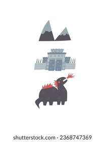 Fairy tale postcard with cute hand drawn doodle dragon, castle, mountains. Magical cover, page, template, poster, print with nature elements. Mythology enchanted background for kids