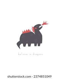 Fairy tale postcard with cute hand drawn doodle dragon. Magical cover, page, template, banner, poster, print. Mythology enchanted background for kids