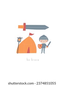 Fairy tale postcard with cute hand drawn doodle knight, tent, sword. Magical cover, page, template, banner, poster, print. Mythology enchanted background for kids