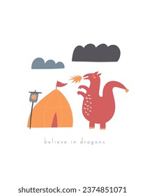 Fairy tale postcard with cute hand drawn doodle dragon, tent. Magical cover, page, template, banner, poster, print with nature elements. Mythology enchanted background for kids
