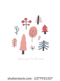 Fairy tale postcard with cute hand drawn doodle trees, plants, forest. Magical cover, page, template, banner, poster, print with nature elements. Mythology enchanted background for kids
