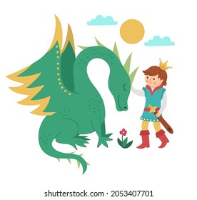 Principio de cuento de hadas con dragón aislado en fondo blanco. Fantasía vectorial joven monarca en corona con criatura mágica. Personajes medievales de cuento de hadas. Icono mágico soberano de dibujos animados
