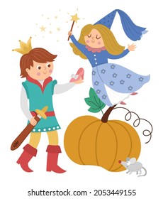 Fairy tale prince with fairy, pumpkin, lost shoe, mouse. Vector fantasy young monarch in crown icon. Medieval fairytale characters. Cartoon magic tale scene