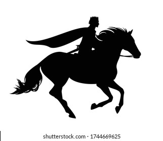 Fairy Tale Prince Riding Horse Galloping Forward - Medieval Fantasy Hero Black And White Vector Silhouette