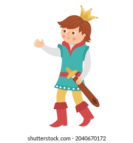 Fairy tale prince with sward isolated on white background. Vector fantasy young monarch in crown. Medieval fairytale character. Cartoon magic sovereign icon
