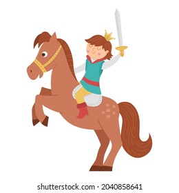 Fairy tale prince with sward on a horse on the rack isolated on white background. Vector fantasy young monarch in crown ready to fight. Medieval fairytale character. Cartoon magic sovereign icon
