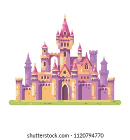 Fairy tale princess castle. Medieval palace flat illustration.