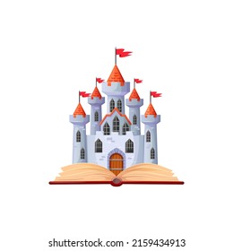 Fairy tale princess castle in open book with fairy tales isolated palace or fortress with red flags, cartoon building with brick towers. Vector architecture citadel, princess prince home from stories