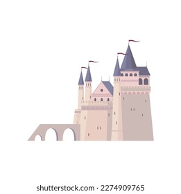 Fairy tale princess castle, royal home with flags. Palace or fortress with flags cartoon building with brick towers. Vector ancient architecture citadel