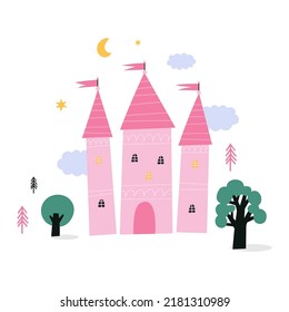 Fairy tale princess castle - vector illustration in flat style. Fantastic cute castle - fairytale kingdom