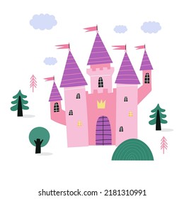 Fairy tale princess castle - vector illustration in flat style. Fantastic cute castle - fairytale kingdom