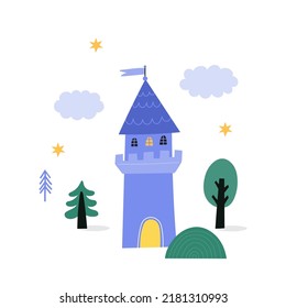 Fairy tale princess castle - vector illustration in flat style. Fantastic cute castle - fairytale kingdom