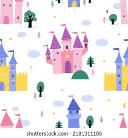 Fairy tale princess castle - vector illustration in flat style. Fantastic cute castle - fairytale kingdom seamless pattern