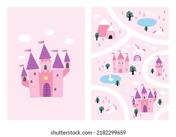 Fairy tale princess castle - vector illustration in flat style. Fantastic cute castle - fairytale kingdom