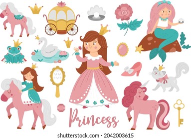 Fairy tale princess collection. Big vector set of fantasy girl, carriage, mermaid, unicorn frog prince, swan. Medieval fairytale maid pack. Girlish cartoon magic icons with cute pink characters