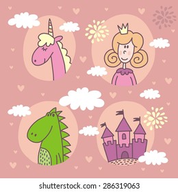 fairy tale princess and dragon vector design background