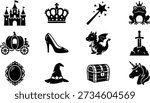 Fairy tale and princess icons vector set in black silhouette style, featuring castle, royal crown, magic wand, frog prince, pumpkin carriage, glass slipper, cute dragon, sword in stone, mirror, witch hat, treasure chest and unicorn, perfect for kids illustrations, storybooks, party invitations and game assets.