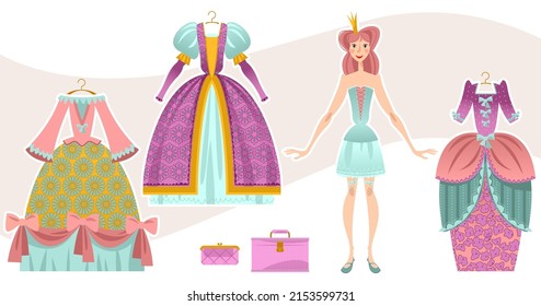 Fairy tale princess paper doll with variety of  ball outfits. Vector illustration.

