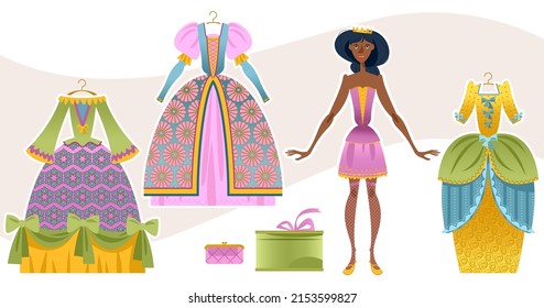 Fairy tale princess paper doll with variety of  ball outfits. Vector illustration.

