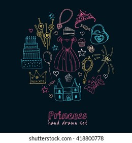 Fairy Tale Princess set Tiara Crown castle dress. Isolated vector illustration for identity, design, decoration, packages product and interior decoration