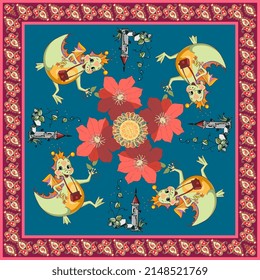 Fairy Tale Print For Baby Handkerchief, Rug With Cute Cartoon Dancing Dinos, Flowers, Magic Castles On Green Background. Paisley Decorative Border.