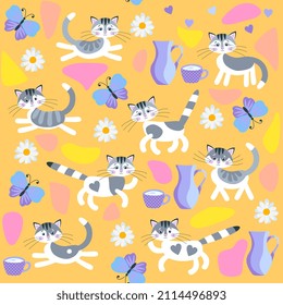 Fairy tale print for kids with cute cartoon cats, milk jugs, butterflies, flowers and colorful spots on a light orange background. Fabric, wallpaper. Symbols of the Chinese New Year. 2023.