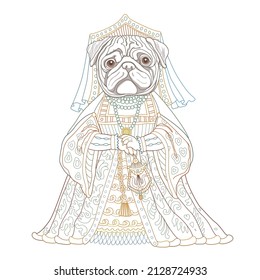 Fairy tale pug dog female dressed in Renaissance costume. Colored contour line doodle sketch. Adults and children coloring book page 