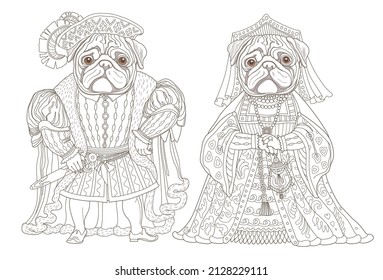 Fairy tale pug dogs dressed in Renaissance costume. Linear brown contour doodle sketch. Adults and children coloring book page 