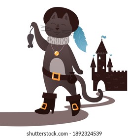 Fairy tale puss in boots. Happy cat in a hat with a feather caught a mouse, on the background of the castle