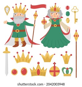 Fairy tale queen and king collection. Vector set of fantasy monarchs with crowns, sward, sovereign authority symbols. Medieval fairytale prince pack. Cartoon magic icons with cute characters
