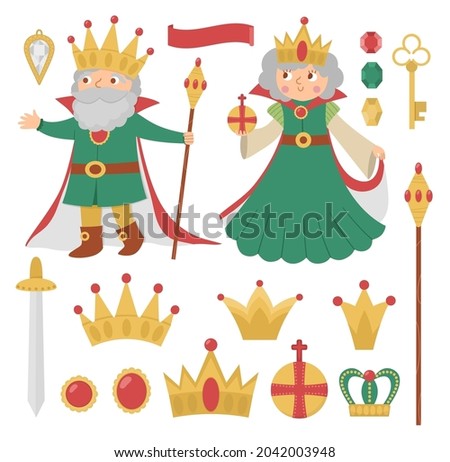 Fairy tale queen and king collection. Vector set of fantasy monarchs with crowns, sward, sovereign authority symbols. Medieval fairytale prince pack. Cartoon magic icons with cute characters
