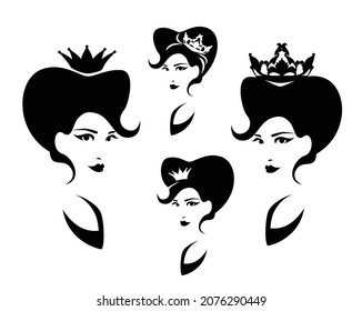 Fairy Tale Queen Or Princess With Crown And Marie Antoinetee Style Hair Black And White Vector Head Portrait Set