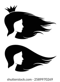 fairy tale queen or princess profile head silhouette with long flying in the wind hair - beautiful royal female black hand drawn vector side view portrait