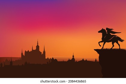 fairy tale queen or princess riding horse on a cliff above medieval city - vector silhouette of fantasy or legend scene