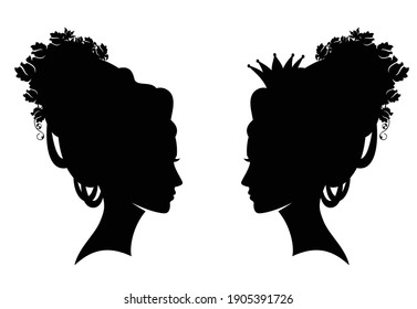 Fairy Tale Queen Or Princess With Rose Flowers And Marie Antoinetee Style Hair Black And White Vector Silhouette Portrait