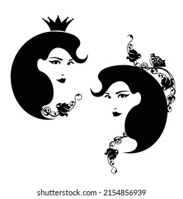 fairy tale queen or princess with rose flowers and elegant  hair style  black and white vector head portrait set