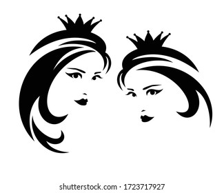 fairy tale queen or princess wearing royal crown - beautiful woman black and white vector portrait