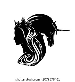 fairy tale queen or princess wearing royal crown with her magic unicorn horse profile head black and white vector silhouette portrait