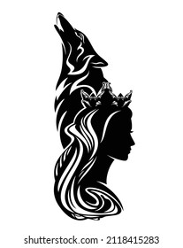 fairy tale queen or princess wearing royal crown with howling wolf profile head black and white vector silhouette portrait