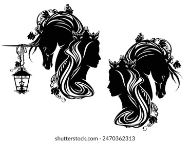 fairy tale queen or princess wearing royal crown with her enchanted unicorn horse profile head holding magic lamp black and white handdrawn vector silhouette design set