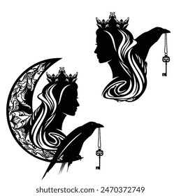 fairy tale queen sorceress wearing royal crown with moon crescent and her magic pet raven bird holding skeleton key black and white handdrawn vector silhouette portrait