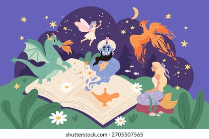 Livro de leitura de conto de fadas. Vários personagens míticos e fabulosos, criaturas mágicas, dragão, fonix fofo bonito, sereia e gin, história mitológica, ilustração isolada plana desenho animado, conceito de vetor de garish