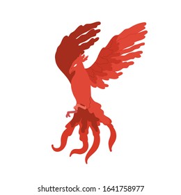 Fairy tale red bird phoenix vector flat illustration. Cartoon fire flying character isolated on white background. Fantasy magical creature with wings symbol of immortality and eternal life