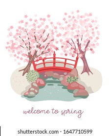 Fairy tale red bridge in beautiful japanese garden full of blossoming sakura trees. Welcome to spring lettering